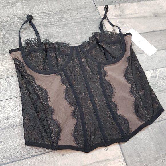 Urban Outfitters Modern Love Lace Corset Basque Large 16 Black Taupe BNWT - Picture 3 of 9